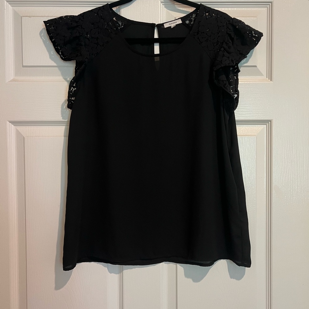 Pleione Black Blouse with Lace Sleeves